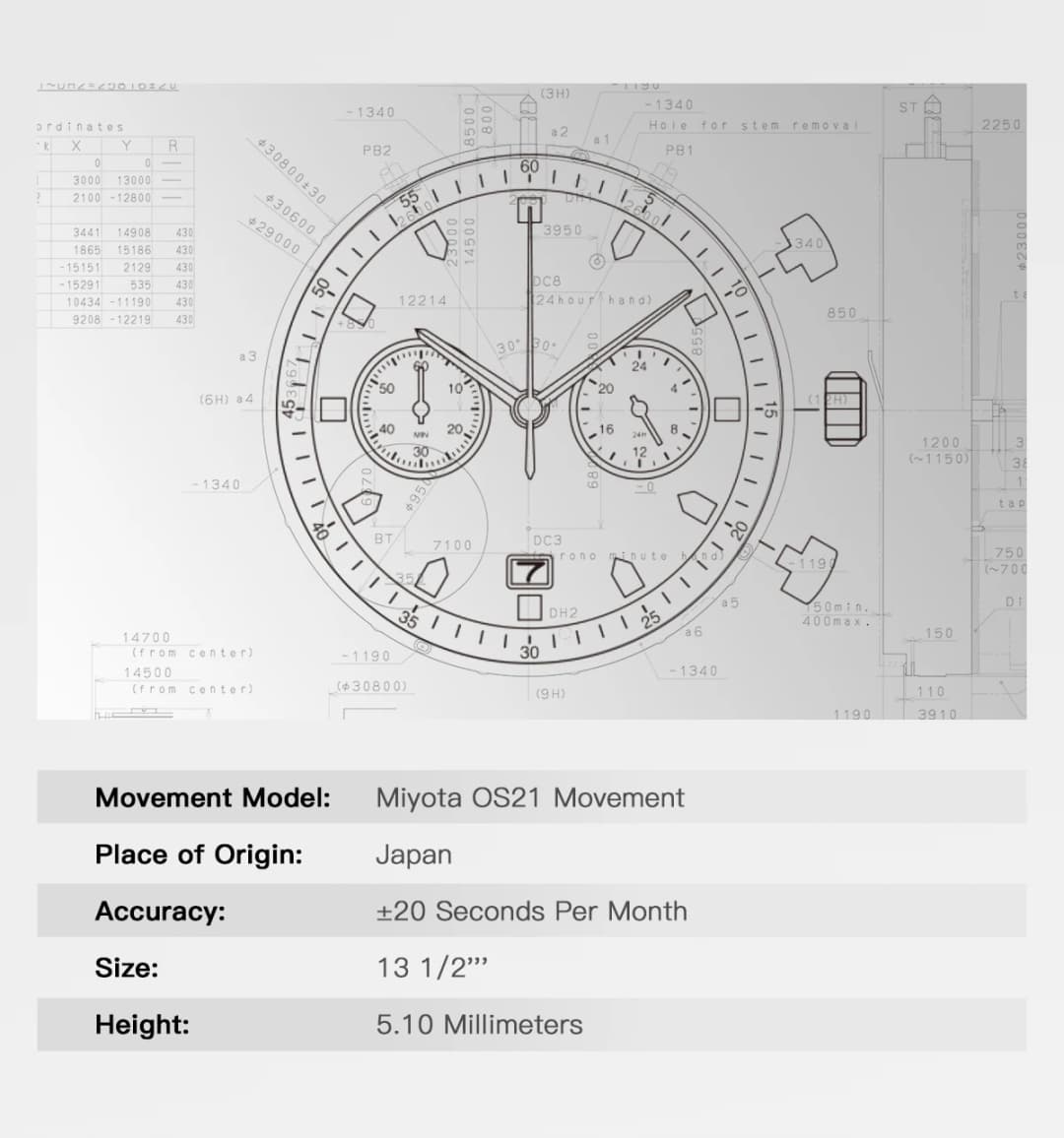 TIMETOKEN New T501GS Mens Watch Japan Miyota OS21 Movement Watermelon Dial Waterproof Chronograph Domed Sapphire Calendar style - 6