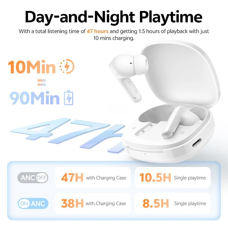 QCY T13 Pro -50dB Adaptive ANC Earbuds Bluetooth 6.0 Multipoint Connection Earphones 6 Mics AI Call 47H Transparency Mode HT23 - 6