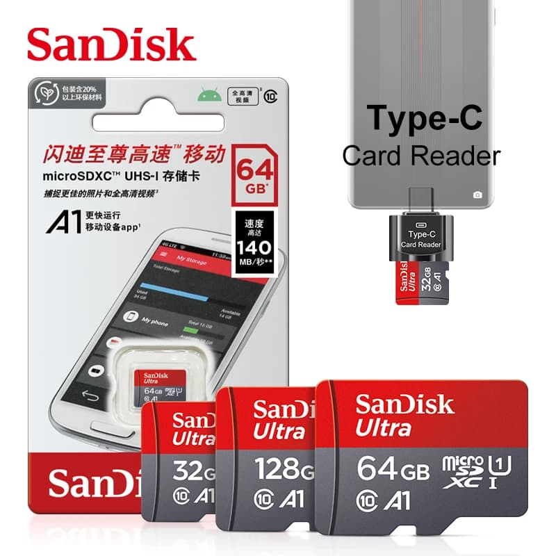 SanDisk A1 بطاقة ذاكرة أصلية سعة 256 جيجابايت 128 جيجابايت 100 ميجابايت/ثانية 64 جيجابايت 32 جيجابايت بطاقة Micro SD من الفئة 10 UHS-1 مع قارئ بطاقات Type-C - 2