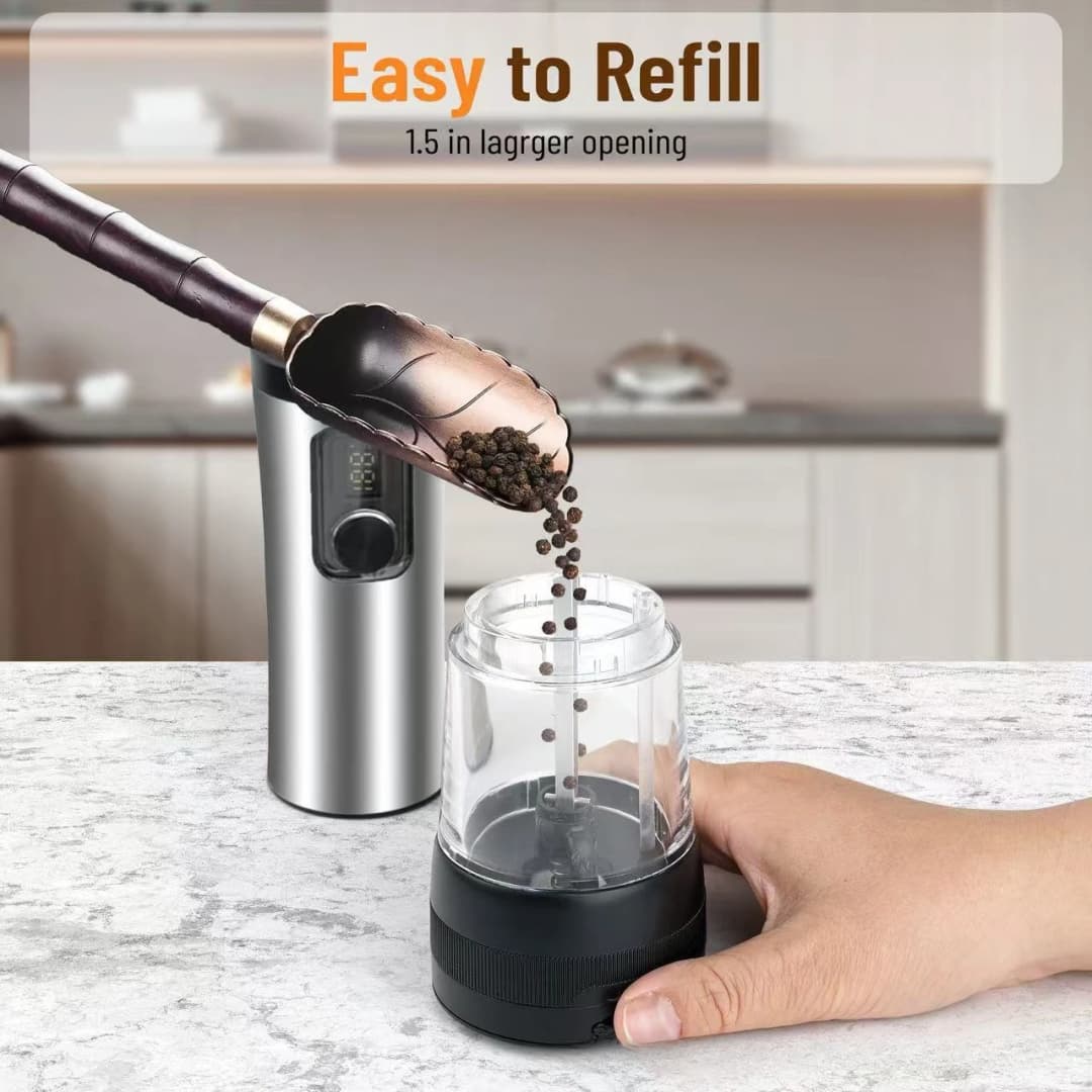 Electric Automatic Pepper Salt Grinder Set with Rechargeable Base LED Electricity Indicator Adjustable Coarseness for Kitchen - 4