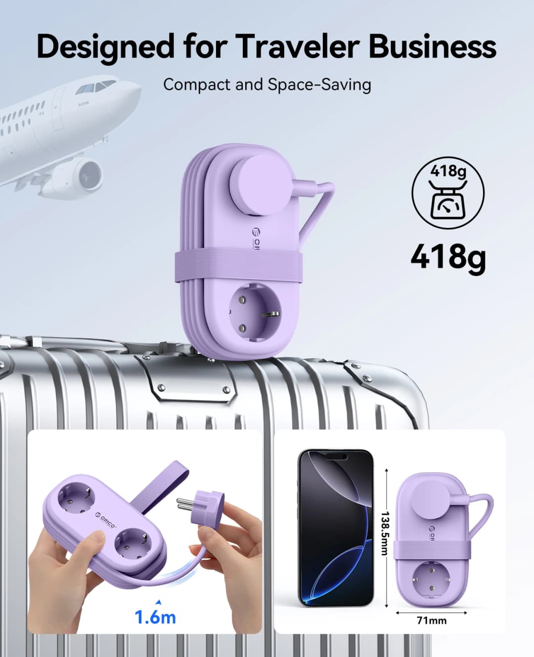 ORICO Cable-Wrap Portable Travel Power Strip 65W GaN Fast Charging Station with 2 AC Outlets 2 USB 2 Type-C EU Plug Adapter Home - 5