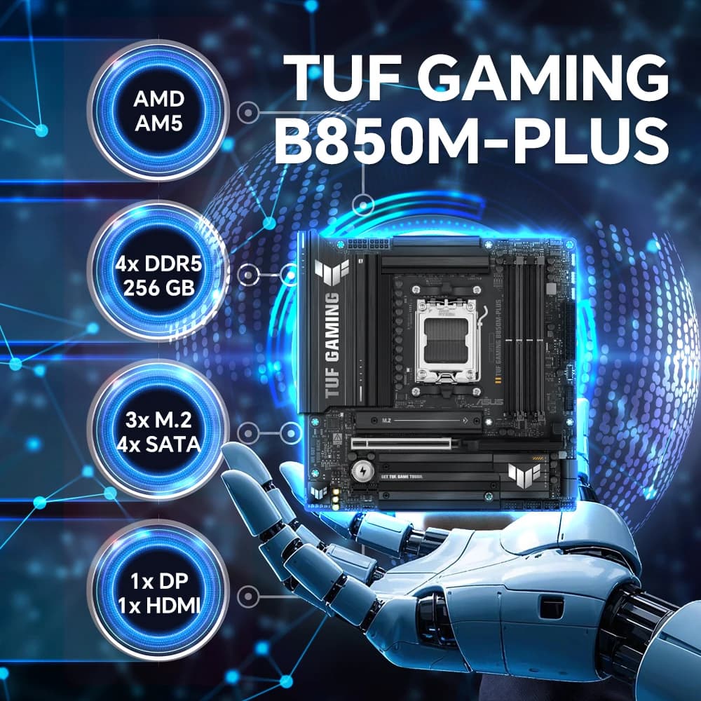 ASUS TUF GAMING B850M-PLUS DDR5 256GB PCIe 4.0 Socket AM5 AMD B850 Support Ryzen 9850X3D/9800X3D/7800X3D/9900X/9600X/9700X