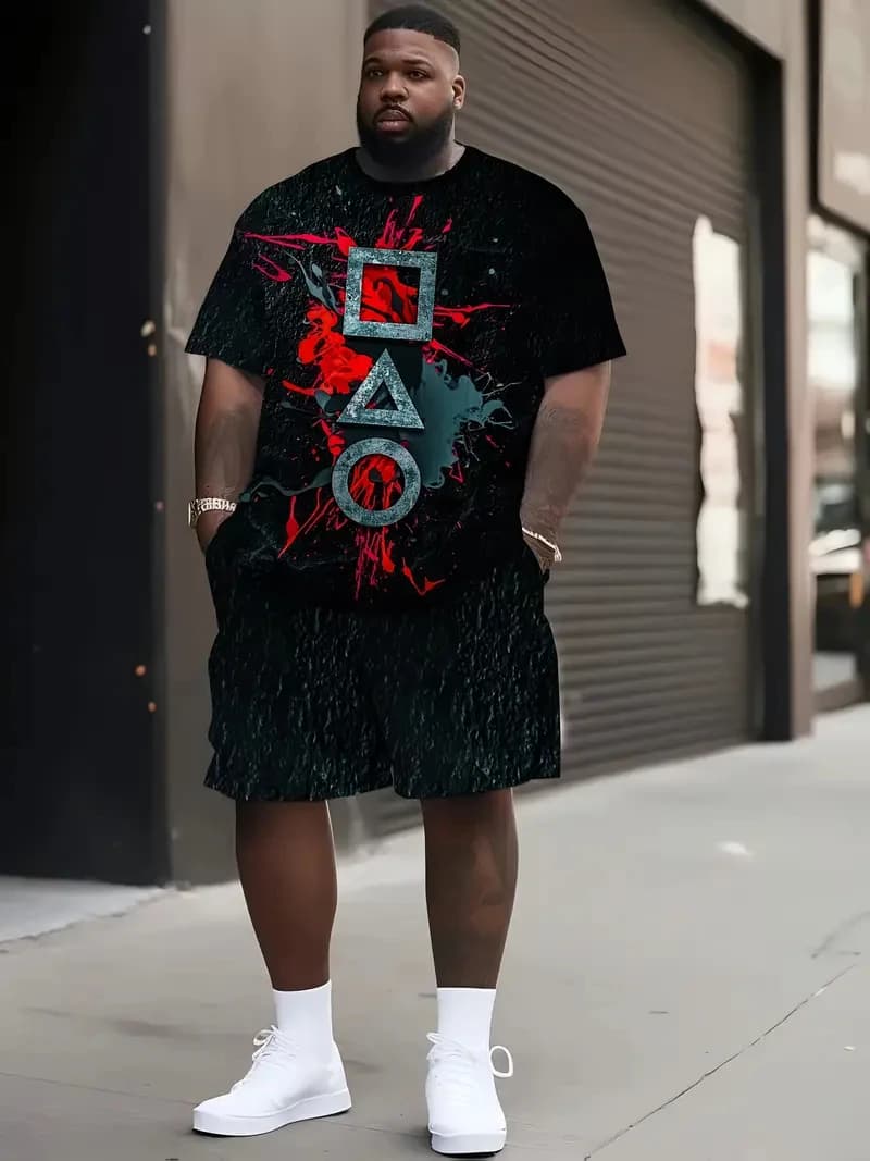 Denim Graphic T-shirt And Shorts 2-piece Set 2025 Plus Size Men's Clothing Casual Loose Drawstring Waist Shorts Short Sleeve Top - 3
