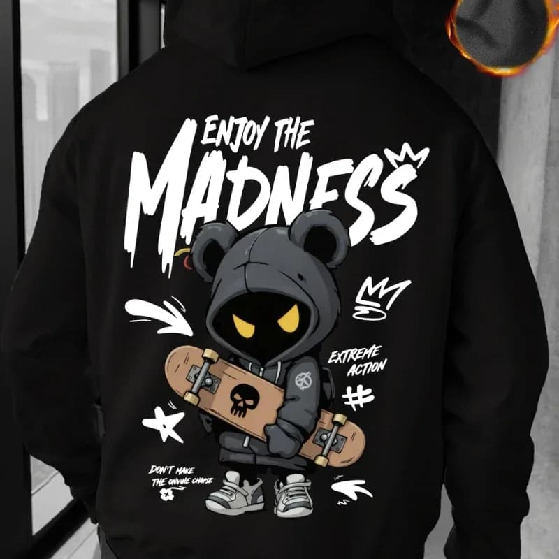 2026Autumn and Winter Men's Casual Street Hooded Sweatshirt-Hand-painted Cartoon HumanFigure Letter Pattern Printed Hooded Shirt - 3