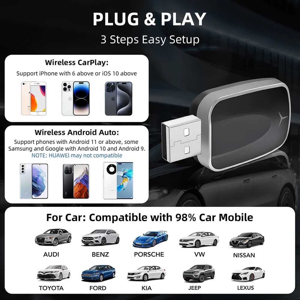 محول صغير 2 في 1، صندوق الذكاء الاصطناعي، من سلكي إلى لاسلكي Carplay وAndroid Auto، متوافق مع 99% من السيارات، تشغيل فوري، Dongle ذكي WiFi - 6