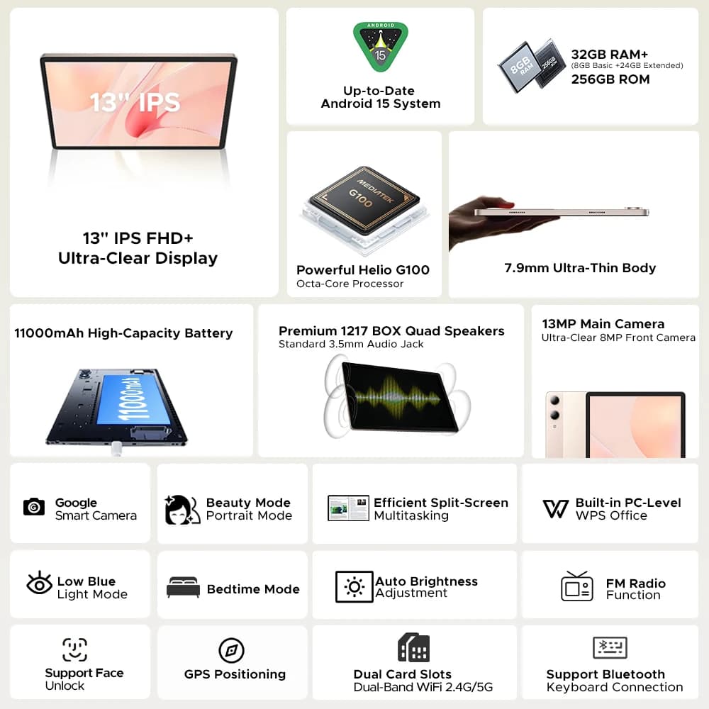 DOOGEE Tab E3 Pro Tablet Android 15 Gemini AI 13'' Display 7.9mm Ultra-thin 8GB 256GB Smart Pad 11000mAh Battery Global Version - 2