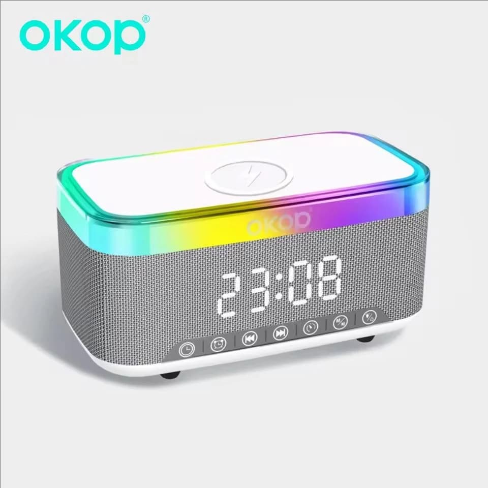 سماعة بلوتوث OKOP بقوة 15 واط شحن لاسلكي، ساعة منبه إضاءة محيطة RGB ضوضاء بيضاء شاحن مكتبي
