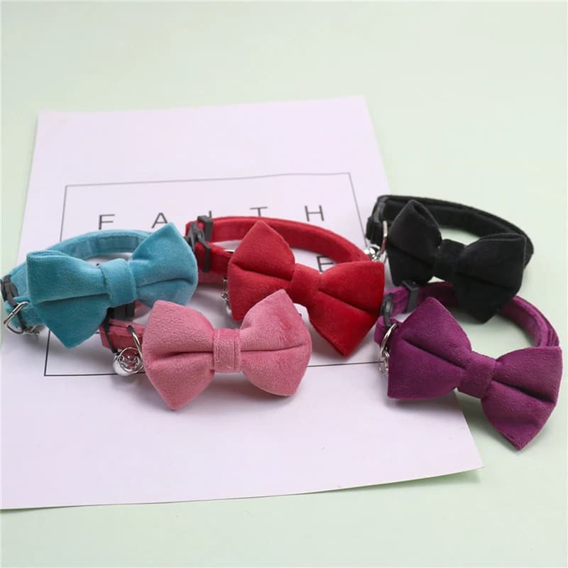 Velvet Cat Collar Solid Color Bowknot Puppy Chihuahua Collars with Bell Adjustable Safety Buckle Cats Bow Tie Pets Accessories - 3