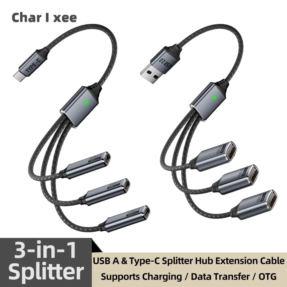 كابل توسيع 3 في 1، موزع USB A وType C، محول OTG، شحن سريع، مزامنة بيانات للهاتف والجهاز اللوحي