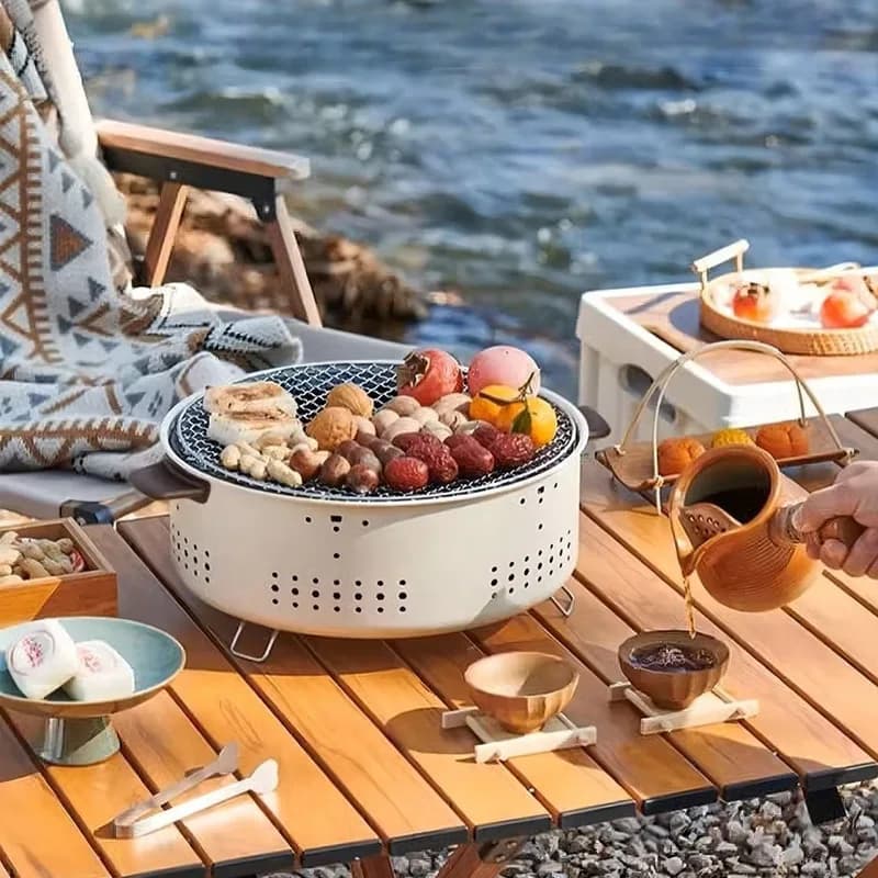 موقد الشواء المستديرة 1/3 قطعة المحمولة القابلة للإزالة شبكة شواء فرن الفحم دعامة من الفولاذ المقاوم للصدأ التخييم في الهواء الطلق VIE LENTE - 2