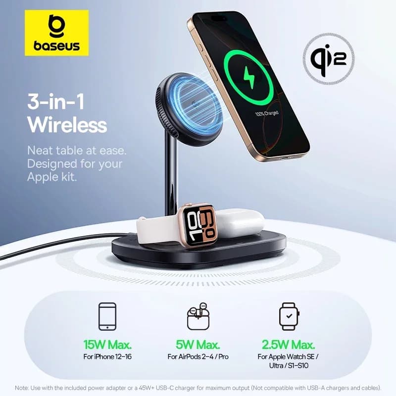 Baseus 22.5W 3-in-1 Wireless Charger Stand Qi2 15W Magnetic Fast Charging TEC Cooling For iPhone 16 15 14 AirPods Apple Watch - 2