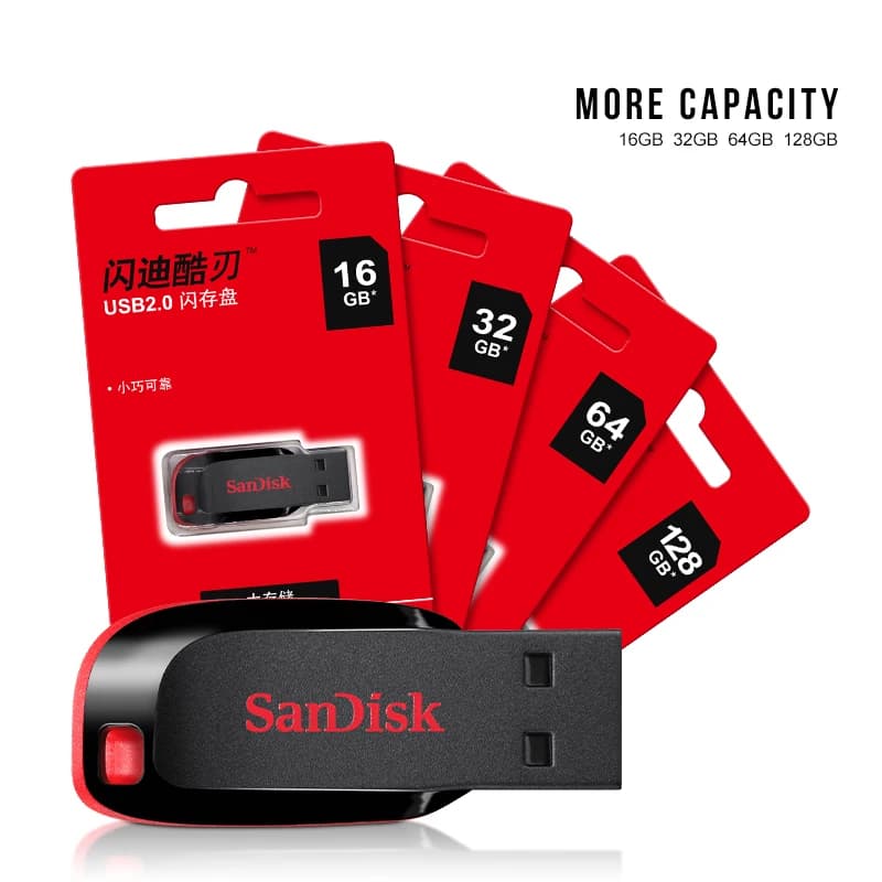 محرك أقراص فلاش USB من Sandisk طراز CZ50 بسعات 32 جيجابايت و64 جيجابايت و128 جيجابايت و16 جيجابايت USB 2.0 قرص فلاش صغير
