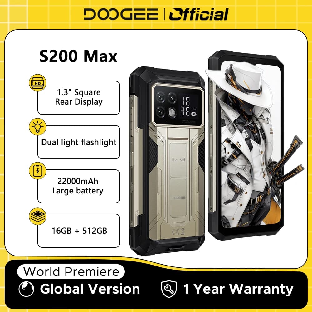 هاتف DOOGEE S200 Max متين إصدار عالمي 16GB 512GB بطارية 22000mAh شحن 66W شاشة خلفية 1.32 بوصة شاشة 6.72 بوصة 120Hz معالج Dimensity 7050 NFC