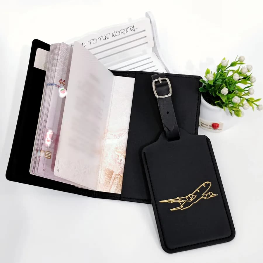 2PCS/Set Aircraft Passport Cover Luggage Tag With Name ID Card Anti-lost PU Leather Wallet Travel Accessories For Flight Lovers - 5