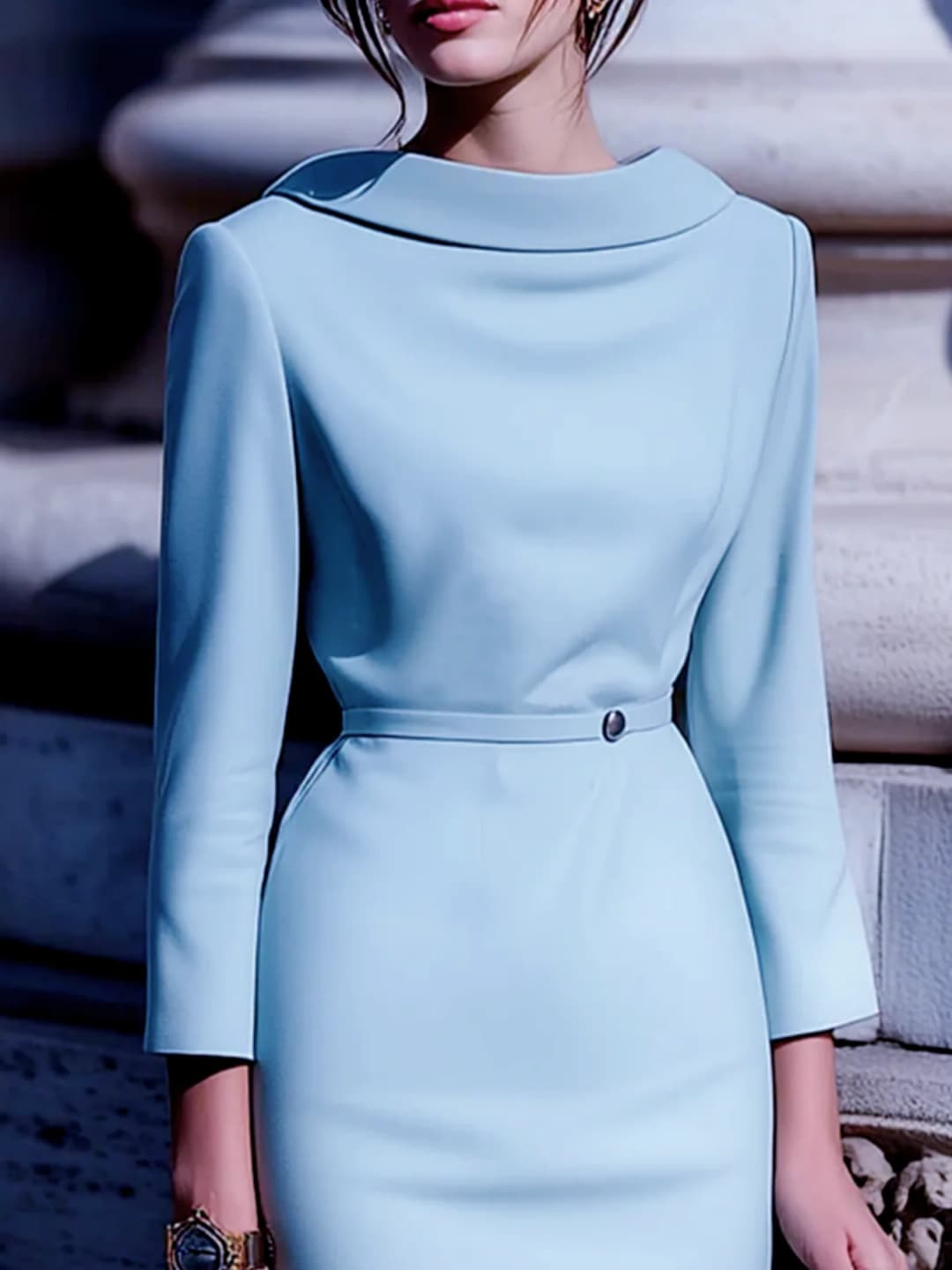 Elegant Solid Color Commute Party Turn-down Collar Boat Neck Back V-neck Belted Mid-Sleeve Gown Dress - 3