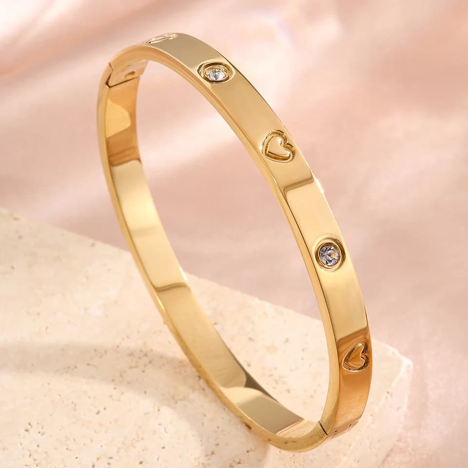 Yupsk 1/3pcs 18K Gold Plated Stainless Steel Heart Bracelet Set Fashion Zirconia Open Bangle Women's Bracelet Set For Daily Wear - 5