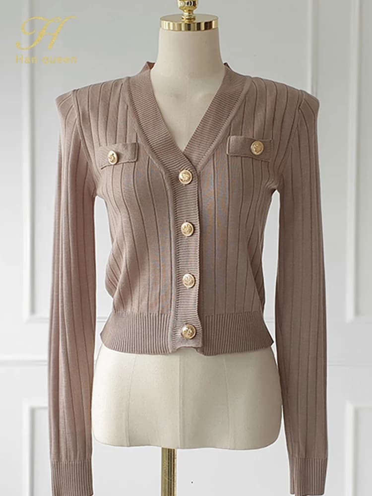 سويت شيرت كارديغان محبوك على شكل V من H Han Queen، كارديغان طويل الأكمام، سويت شيرت كلاسيكي للخريف - 4