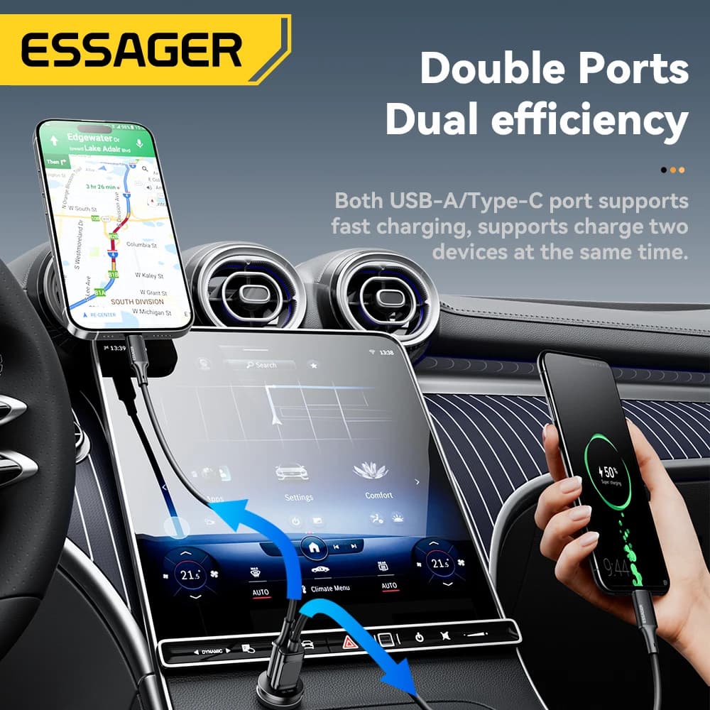 Essager 45W Car Charger Fast Charging Dual Port  PD QC3.0 Type-C Quick Charger for iPhone 16 15 14 Samsung Xiaomi Huawei Oppo - 3