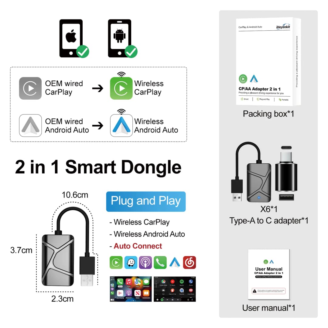 آي هاي لينكيت محول كار بلاي أندرويد أوتو لاسلكي 2 في 1 صندوق صغير ذكي توصيل وتشغيل واي فاي اتصال سريع عالمي لـ 98% من موديلات السيارات - 6