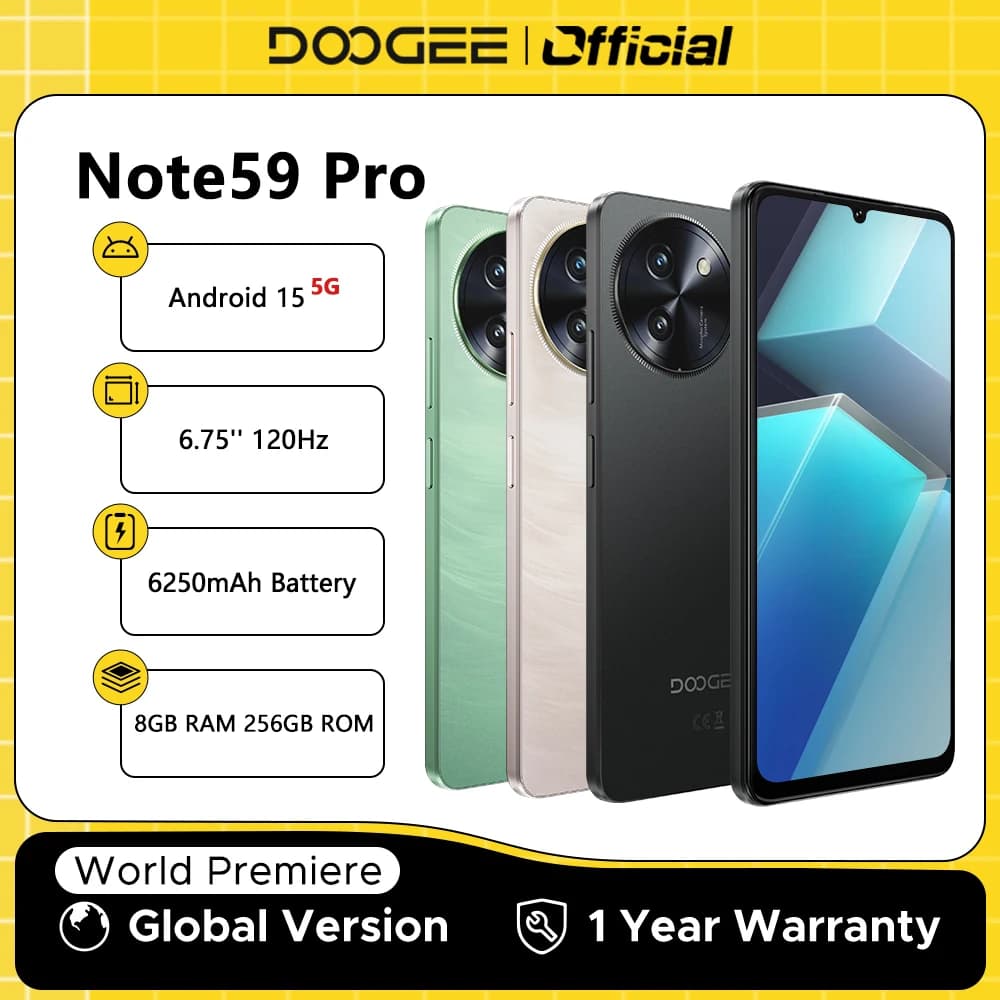 الإصدار العالمي لهاتف DOOGEE Note59 Pro 5G الذكي بنظام أندرويد 15 وذاكرة رام 8 جيجابايت وذاكرة داخلية 256 جيجابايت وشاشة 6.75 بوصة HD+ وبطارية 6250 مللي أمبير وتقنية NFC