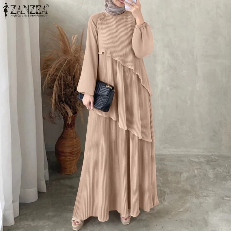 ZANZEA Patchwork Lantern Sleeve Abaya Robes Women Plisse Layered Elegant Maxi Dress Muslim Fashion Islamic Hijab Pleated Dress