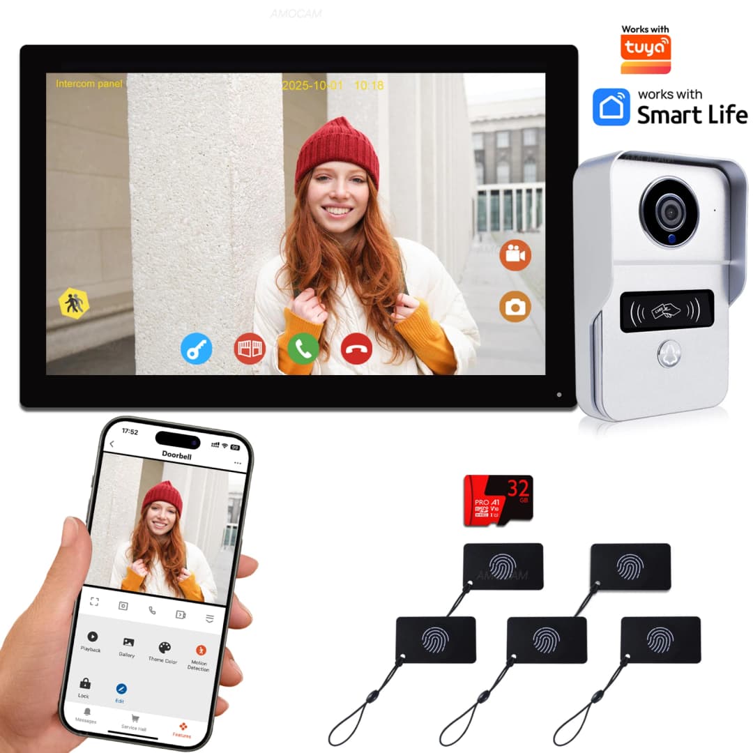 2 Wire Digital Video Intercom System 10.1 Inch Wireless WIFI Monitor 1080P Doorphone Camera Video Doorbell Card App Unlock