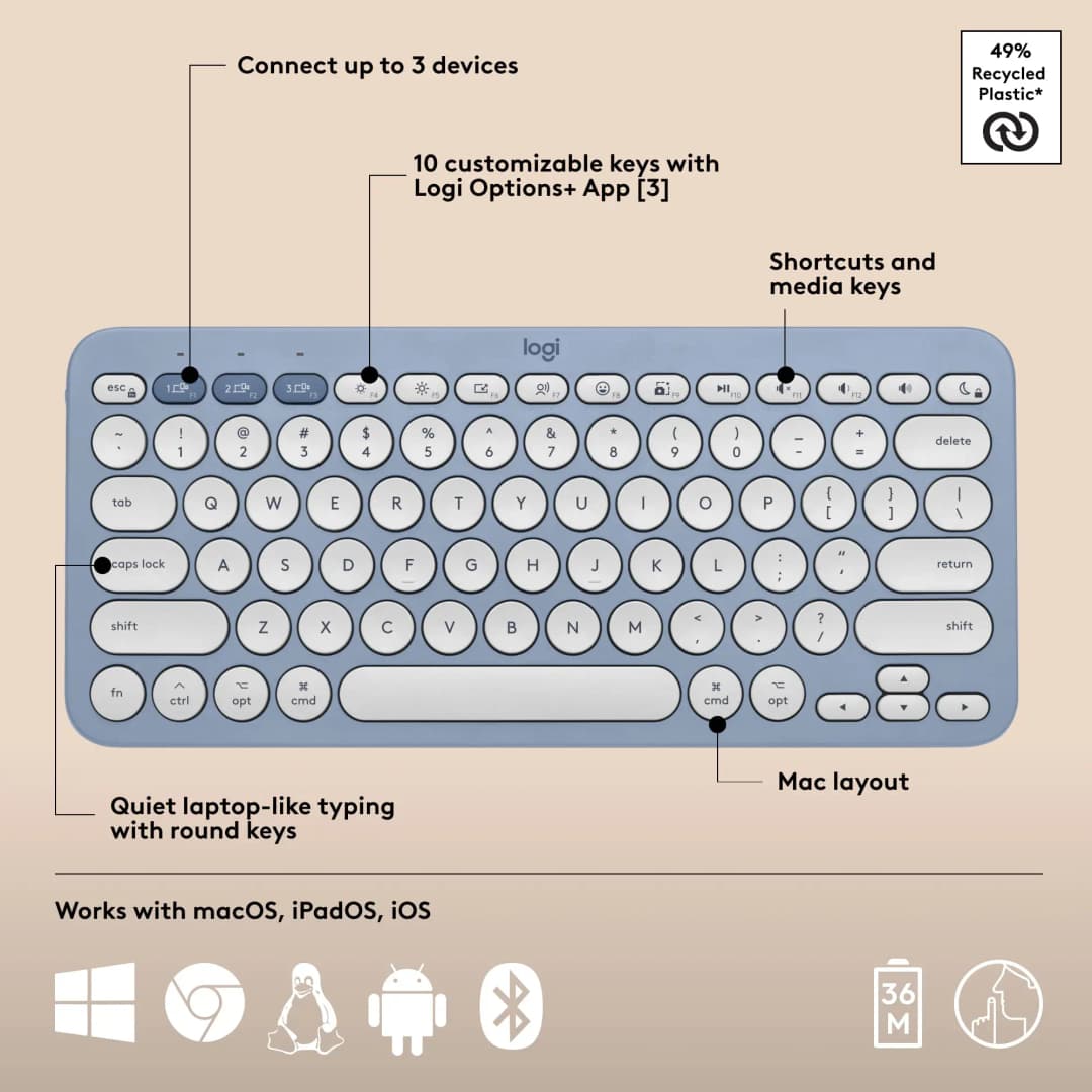 Logitech Pebble 2 Combo, Wireless Keyboard and Mouse, Quiet and Portable, Customizable, Logi Bolt, Bluetooth - 3
