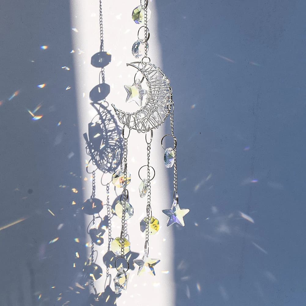 Moon Hanging Crystals Suncatcher Prism Wind Chimes Crescent Star Glass Bead Eye-catching Rainbow Maker Window Pendant Home Decor - 4