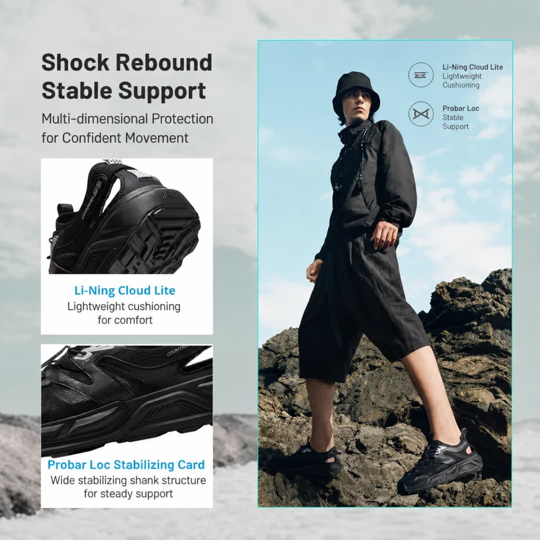 صنادل خارجية Li-Ning WUI COBBLES للجنسين، قابلة للتنفس، امتصاص الصدمات، خفيفة ومستقرة، صنادل ترفيهية AGHW003 - 2