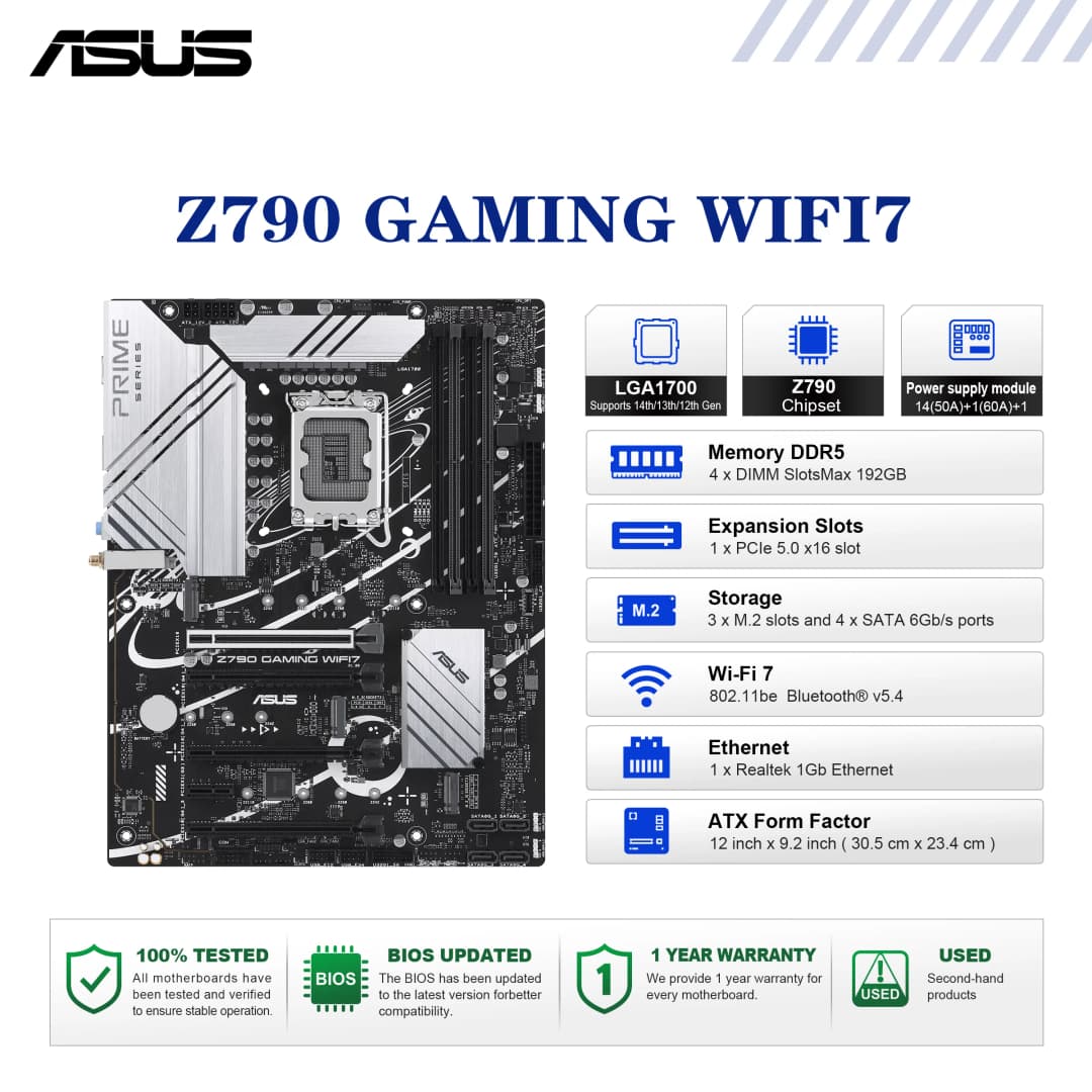 لوحة أم ASUS Z790 GAMING WIFI7 بمقبس LGA1700 ومعالج DDR5 7200 (OC) وذاكرة وشريحة Z790 ATX
