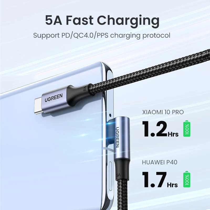 كابل USB Type-C إلى USB-C من UGREEN بقوة 100 واط للشحن السريع لهواتف آيفون 17 و16 وماك بوك وسامسونج S25 وS24 يدعم QC 4.0 - 3