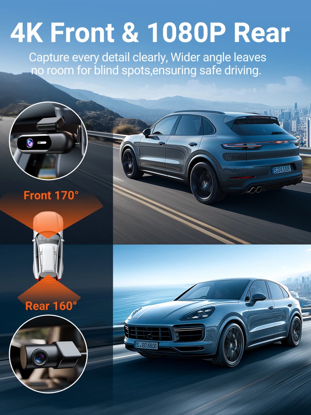 كاميرا داش للسيارة بدقة 4K UHD، تسجيل أمامي وخلفي مع HDR، رؤية ليلية، ووضع وقوف السيارات المدمج مع واي فاي - 2