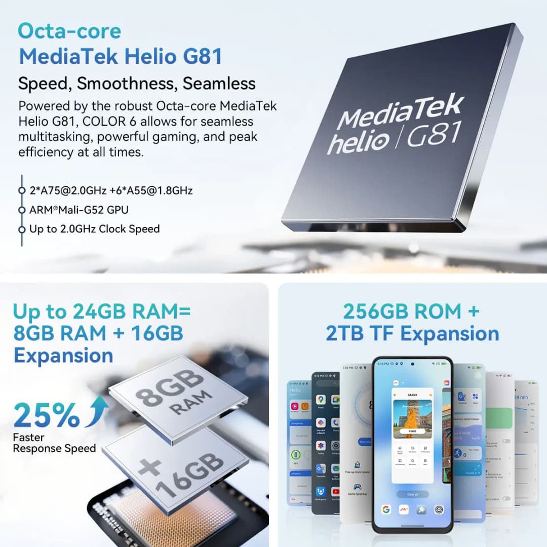 هاتف بلاك فيو كولور 6 الذكي بشاشة 6.67 بوصة، معالج MTK G81، ذاكرة وصول عشوائي 8 جيجابايت، ذاكرة داخلية 128 جيجابايت/256 جيجابايت، كاميرا 50 ميجابكسل، بطارية 5000 مللي أمبير، أندرويد 15 - 3