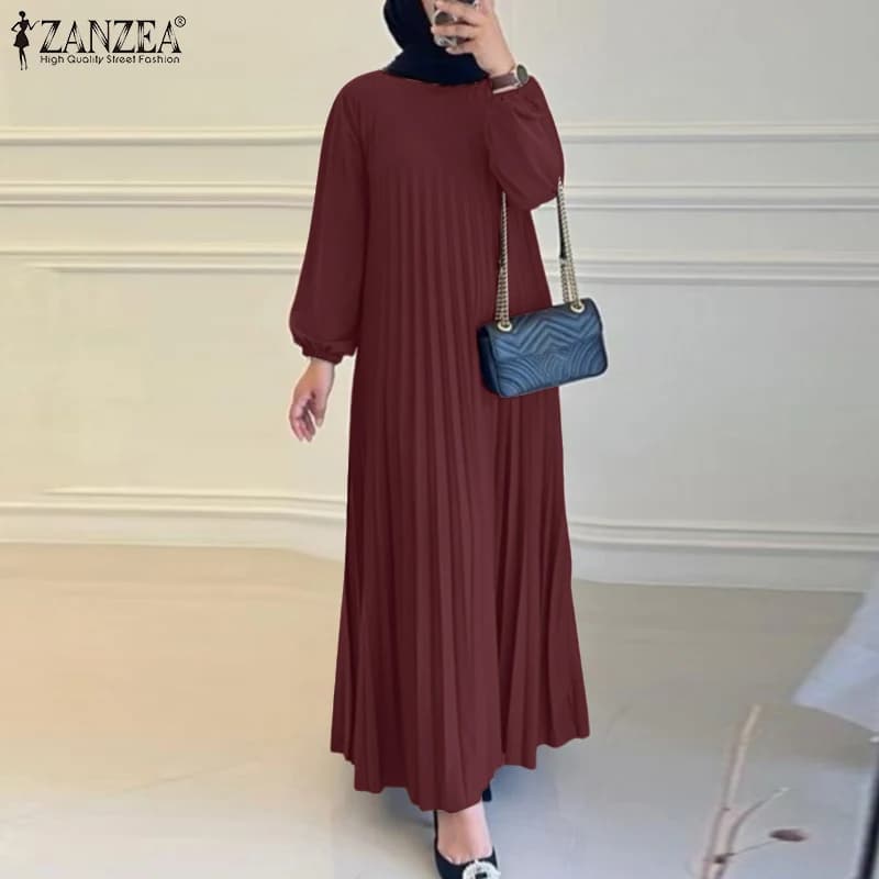 Ramadan Muslim Dress Abaya ZANZEA Casual Kaftan Women Long Sleeve Pleated Sundress Hijab Robe Femme IsIamic Clothing Eid Mubarek - 5