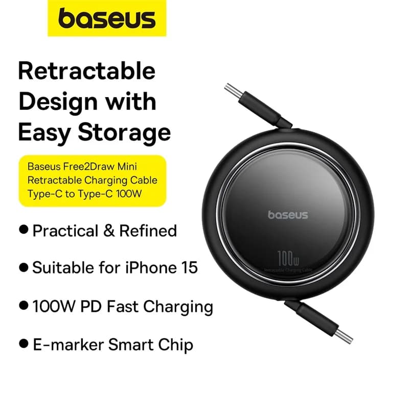 Baseus Retractable 100W USB C Cable For MacBook iPad Fast Charger Cable For iPhone 17 16 Plus Pro Max Type C For Xiaomi Samsung - 2