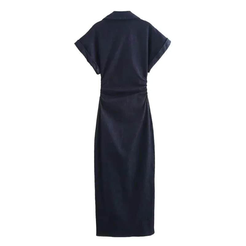 Spring New 1975 series denim MIDI dress with lapel side zipper fashion wrinkle waist slim elegant dress - 3