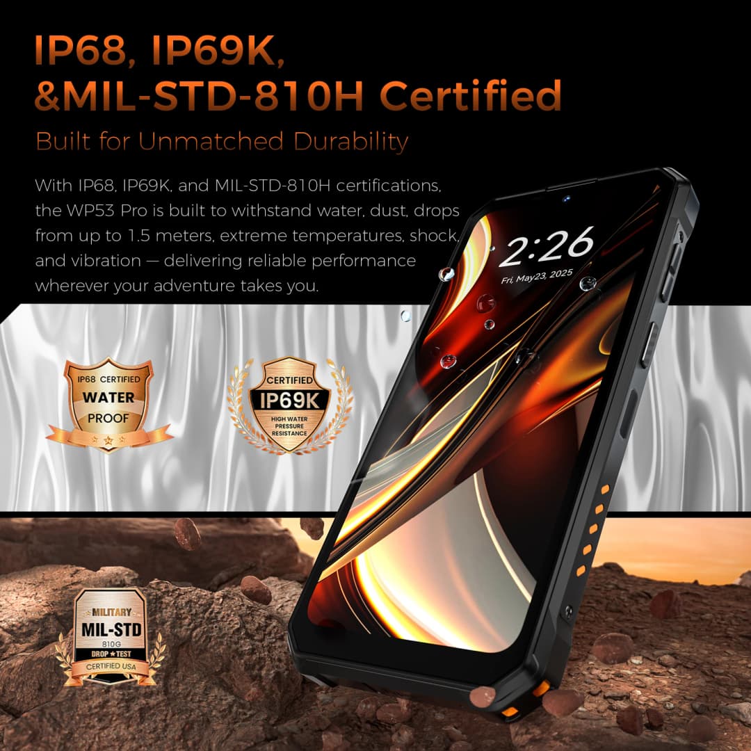 【جديد】هاتف OUKITEL WP53 PRO المتين، 24 جيجابايت + 256 جيجابايت، بطارية 11000 مللي أمبير، أندرويد 15، شاشة 6.52 بوصة، NFC، كاميرا 50 ميجابكسل - 6