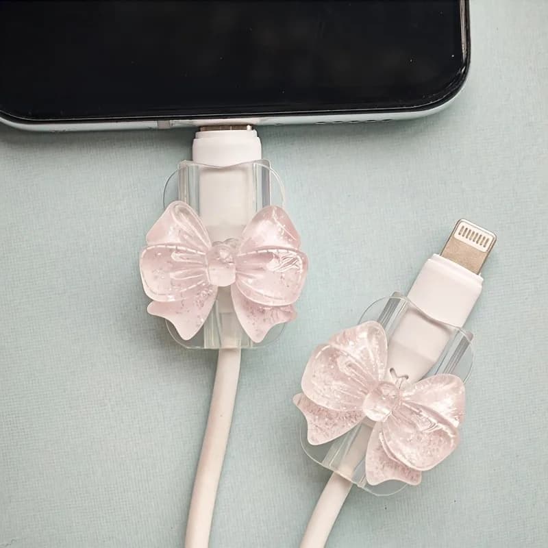 2Pcs Lovely Pink Bow Silicone Charger Cable Protector Sleeve Cable Holder Clip Anti-break Transparent Cord Cover Wrap