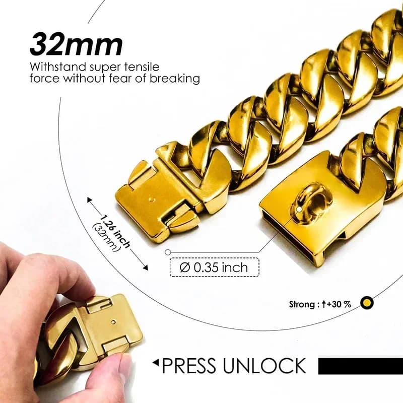 32MM Wide Strong Metal Dog Chain Collars Stainless Steel Dog Choker Pitbull Gold Dog Necklace For Large Dogs - 5