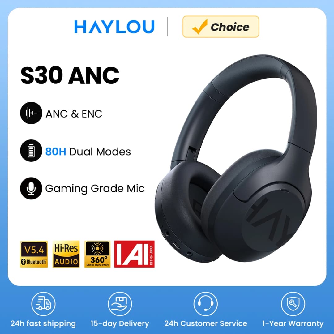 HAYLOU S30 Wireless Bluetooth 5.4 Headphones 43dB Adaptive Noise Cancelling Headsets 40mm Driver 80H Playtime Earphones