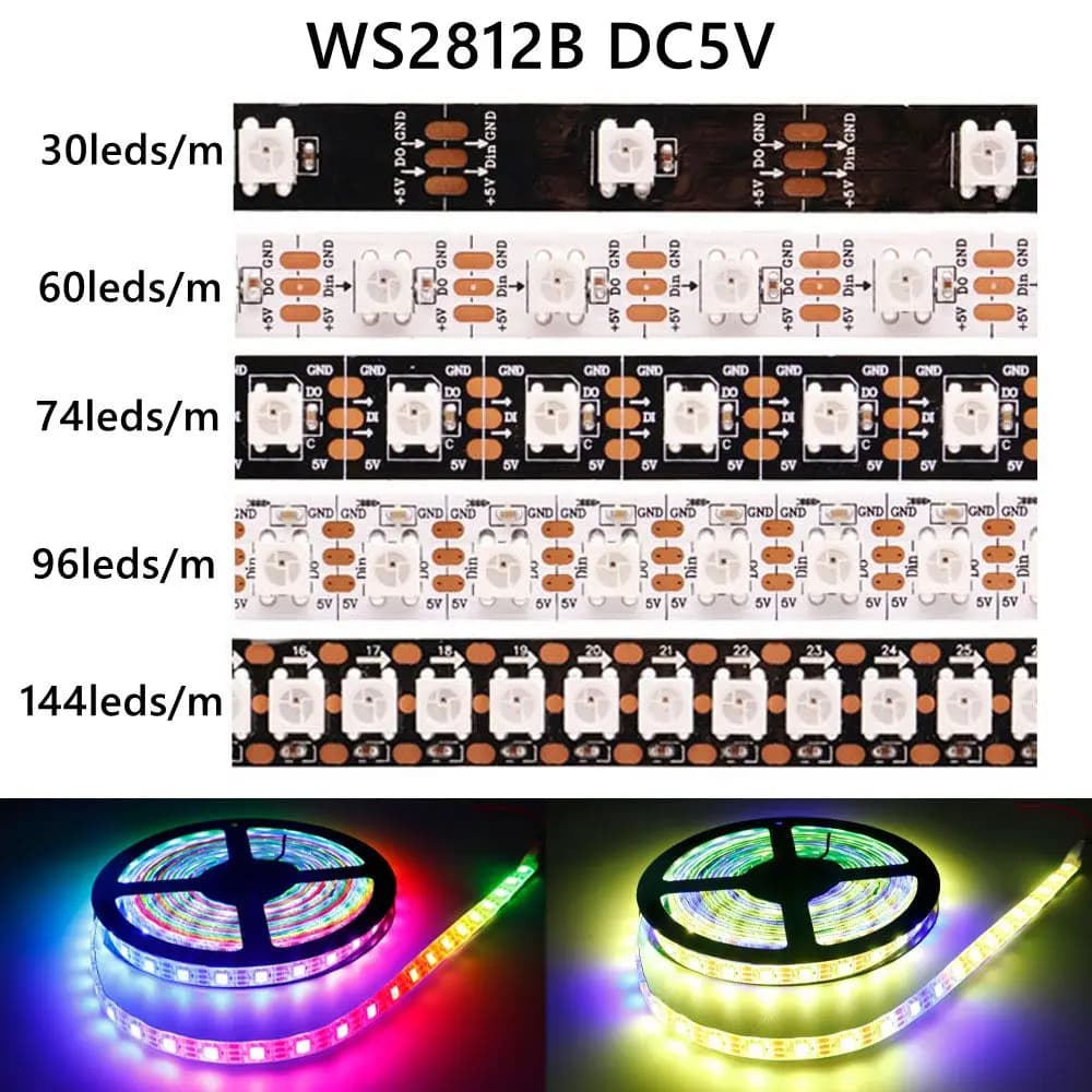 شريط إضاءة LED WS2812B DC5V 30/60/74/96/144 ليد/م ذكي قابل للعنونة بشكل فردي 5050RGB بكسل LED إضاءة IP30/65/67