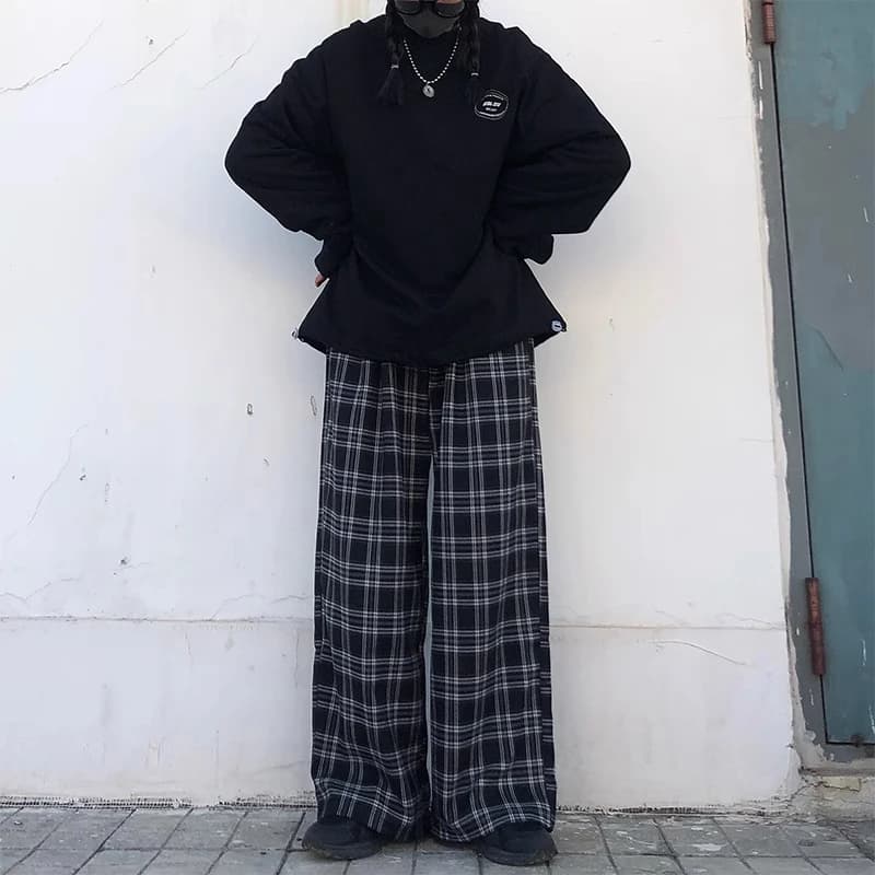 Oversize Pants Women Sweatpants Summer Fashion Black Plaid Casual Pants Elastic Waist Casual Pockets Student Unisex Trousers - 6