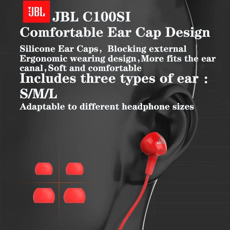 سماعات أذن سلكية أصلية JBL C100SI مع تحكم عن بعد، مقبس 3.5mm، 3 أنواع من أغطية الأذن السيليكون للهاتف والمك بوك