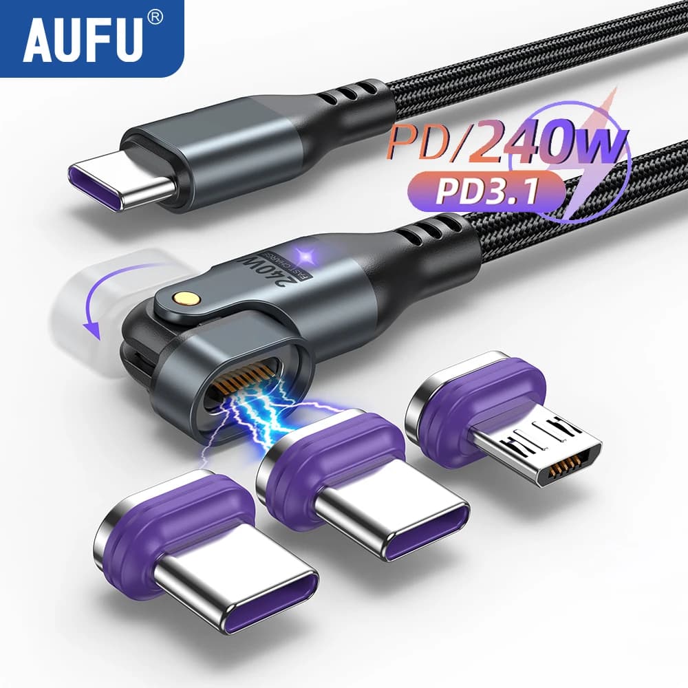 AUFU 16pin 180 Rotate Magnetic Cable 240W Fast Charging Micro USB Type C Cable For iPhone Xiaomi Samsung Magnet USB Phone Cable