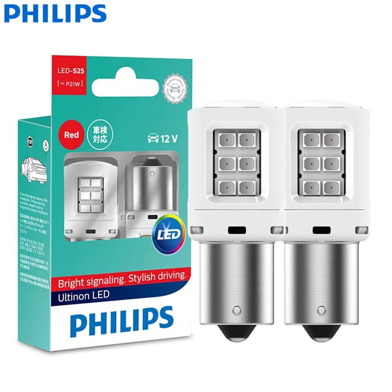 Philips LED P21W S25 BA15s Ultinon Red Color Car Turn Signal Indicators Light Rear Lamp Brake Stop Light 11498ULRX2, Pair