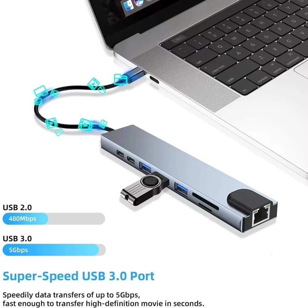 محطة توصيل USB 3.0 Type C HUB إلى HDMI 4K 30HZ، محول إيثرنت Type C إلى RJ45 100Mbps، موسع VGA، شاحن PD 100W - 3