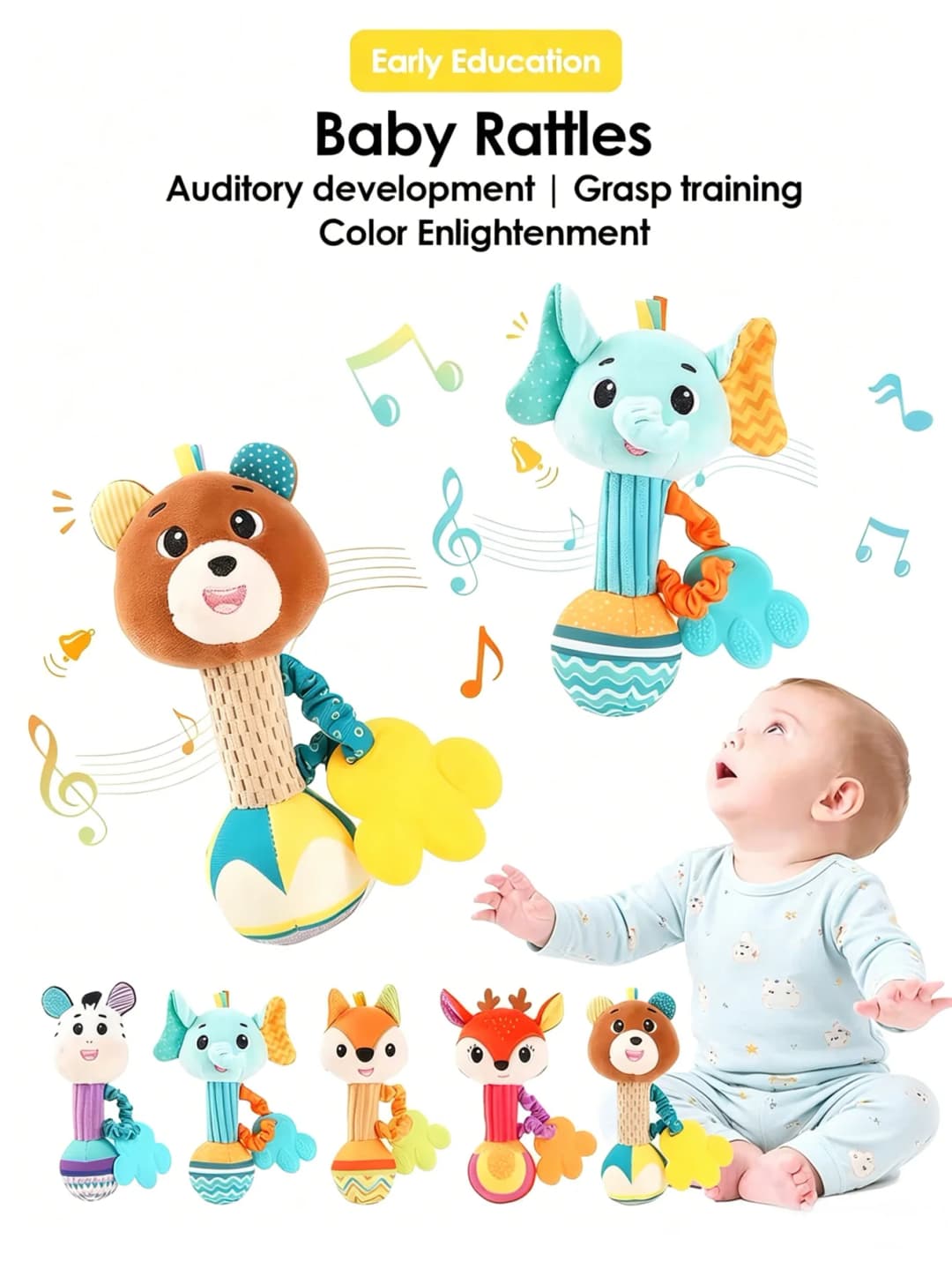 1pcs 0-6 months Dental Gum Hand Grip Plush Doll Can Bite Practice Grasping Parent Baby Interactive Puzzle Rattle Soothing Toy - 6