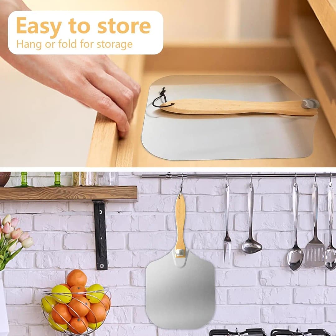 ملعقة مجرفة بيتزا معدنية من الألومنيوم مع مقبض خشبي قابل للطي، صينية نقل لرفع الكيك والفرن غير لاصقة، خبز محلي الصنع - 2