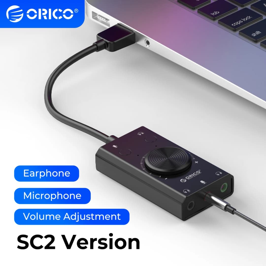بطاقة صوت ORICO واجهة USB خارجية 3.5 مم ميكروفون ستيريو ضبط مستوى الصوت محول محرك مجاني لسماعات الكمبيوتر المحمول PS4