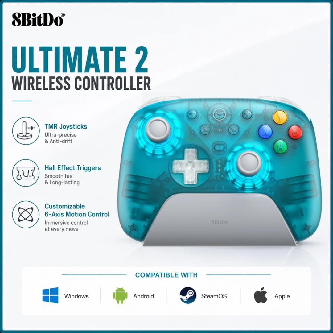 8BitDo Ultimate 2 Wireless Game Controller for Windows 10/11 2.4G Gamepad TMR Joystick with Charging Dock for Android PC Steam